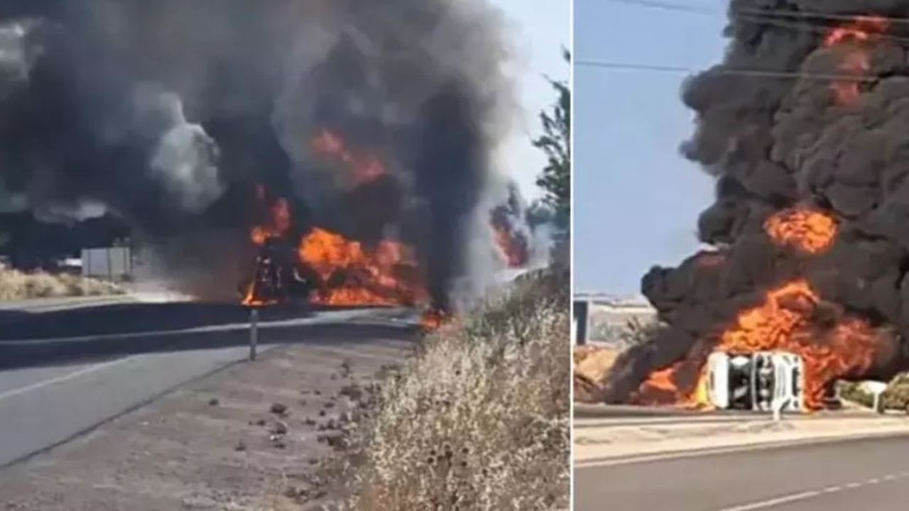  Adıyaman'da devrilen yakıt tankeri alev alev yandı sürücü son anda kurtuldu!