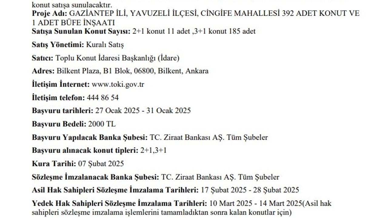 TOKİ'den Gaziantep'te 2+1 ve 3+1 Konut Satışları Başlıyor