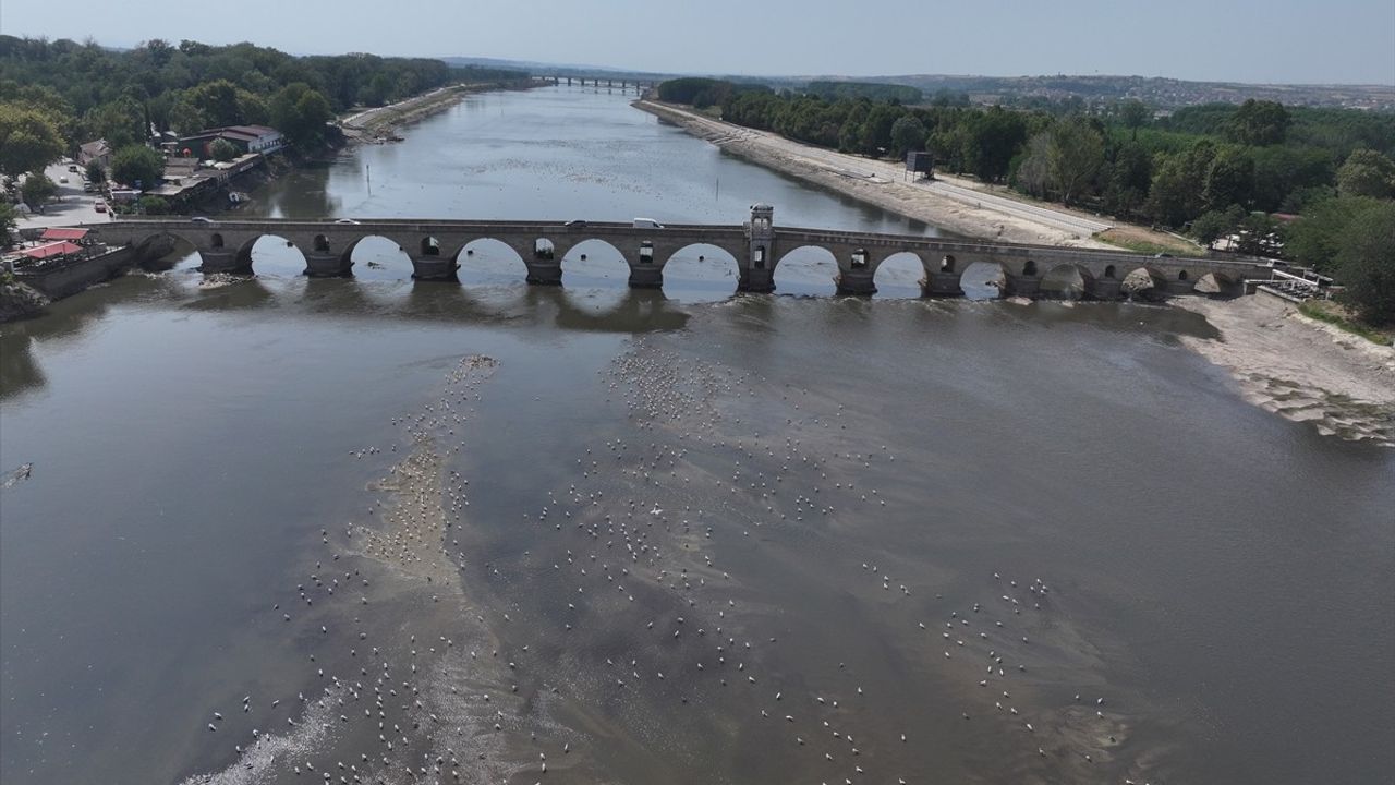 Meriç Nehri'nde Su Seviyesinin Düşmesiyle Tarihi Ahşap Köprünün Ayakları Ortaya Çıktı