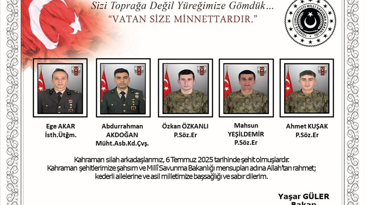 Milli Savunma Bakanı Güler'den Şehit Askerler için Başsağlığı Mesajı