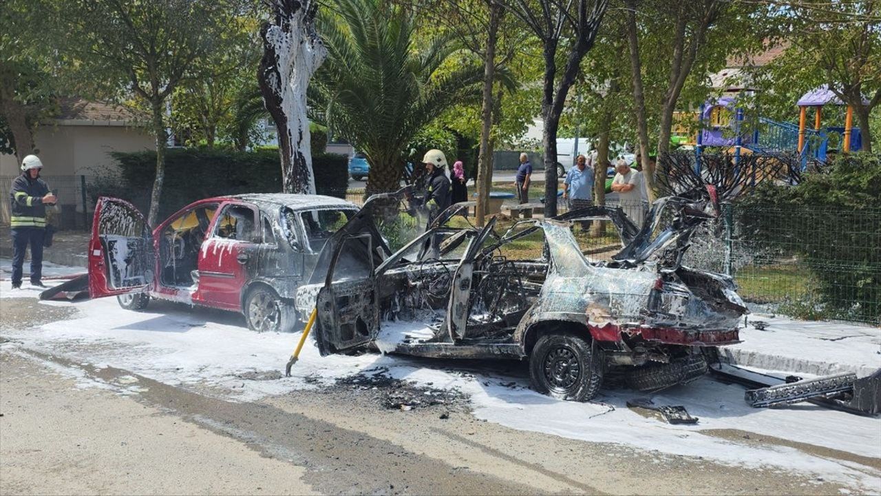 Gebze'de park halindeki iki otomobil yangında kullanılamaz hale geldi