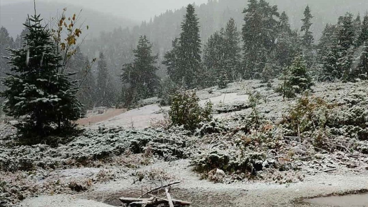 Hacıağaç Yaylası'nda mevsimin ilk karı: Sinop'un 1856 metre rakımlı noktası beyaza büründü