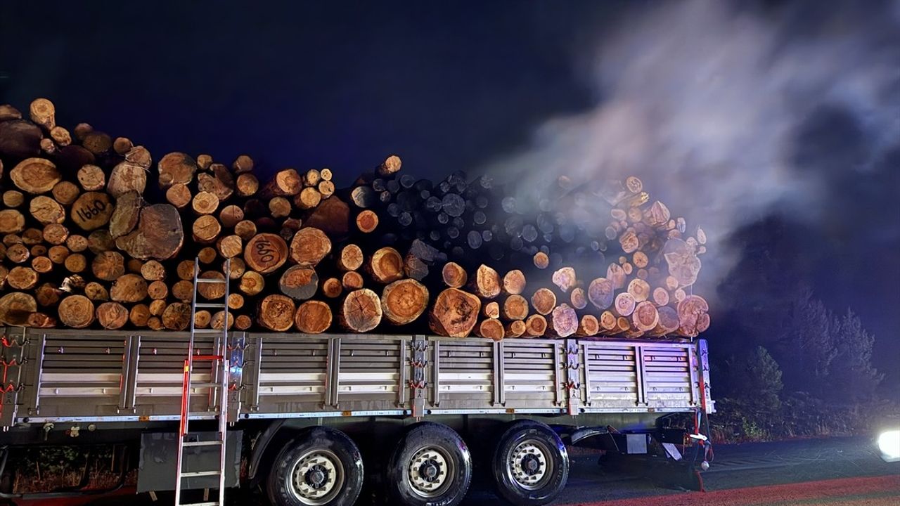 Kastamonu'da tomruk yüklü tırın dorsesinde çıkan yangın itfaiye tarafından söndürüldü