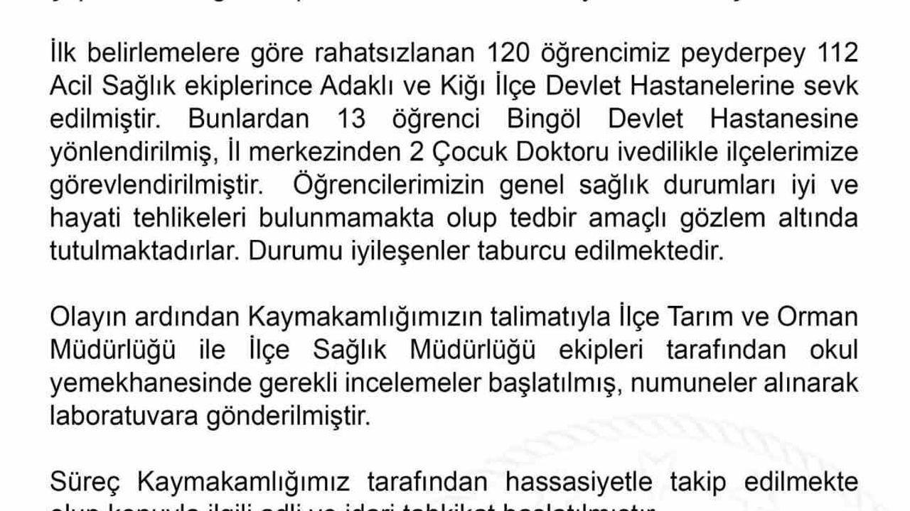 Bingöl'de iki okulda öğle yemeği sonrası 120 öğrenci gıda zehirlenmesi şüphesiyle tedavi altına alındı