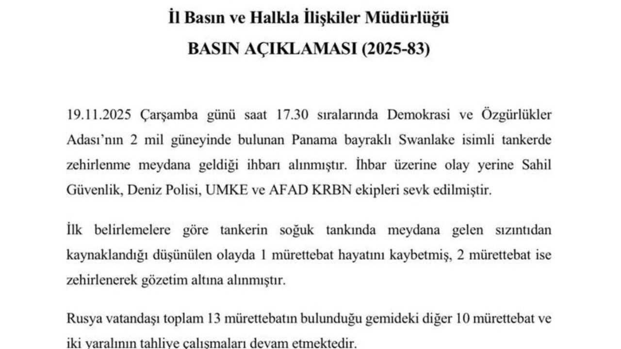 Demokrasi ve Özgürlükler Adası açıklarında 'Swanlake' tankerinde zehirlenme: 1 ölü, 2 kişi hastanede