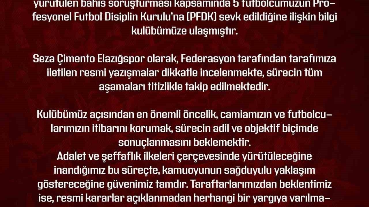 Elazığspor: 5 Futbolcu Bahis Soruşturması Kapsamında PFDK'ya Sevk Edildi, Kulüp Süreci Takip Ediyor