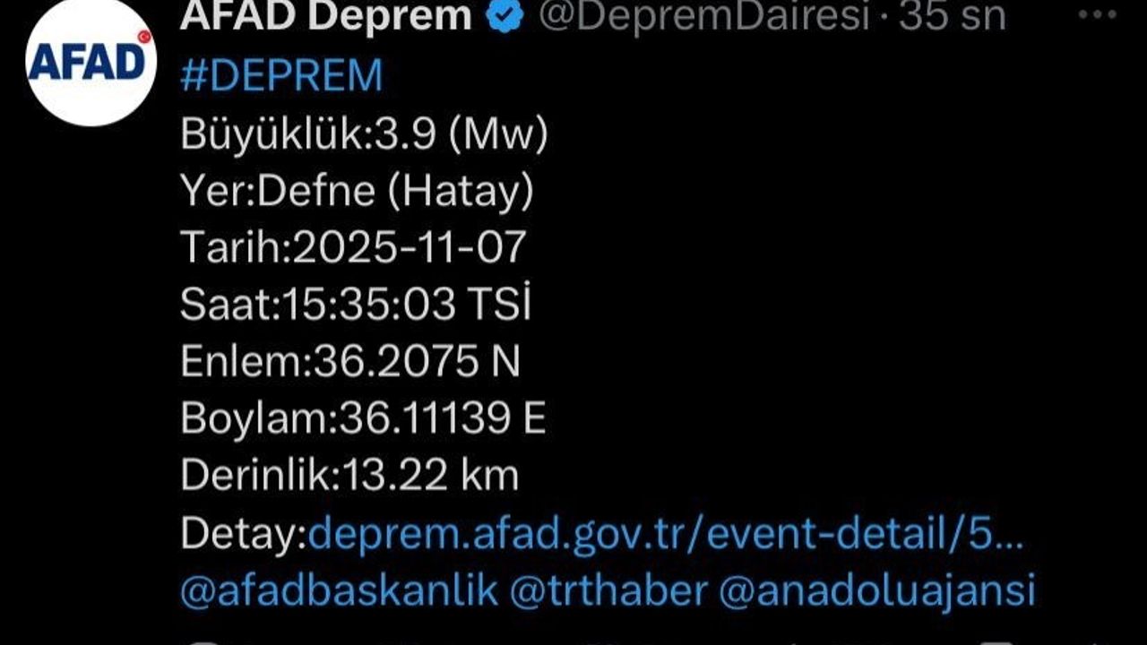 Hatay'ın Defne ilçesinde 3.9 büyüklüğünde deprem: Vatandaşlar sokaklara çıktı