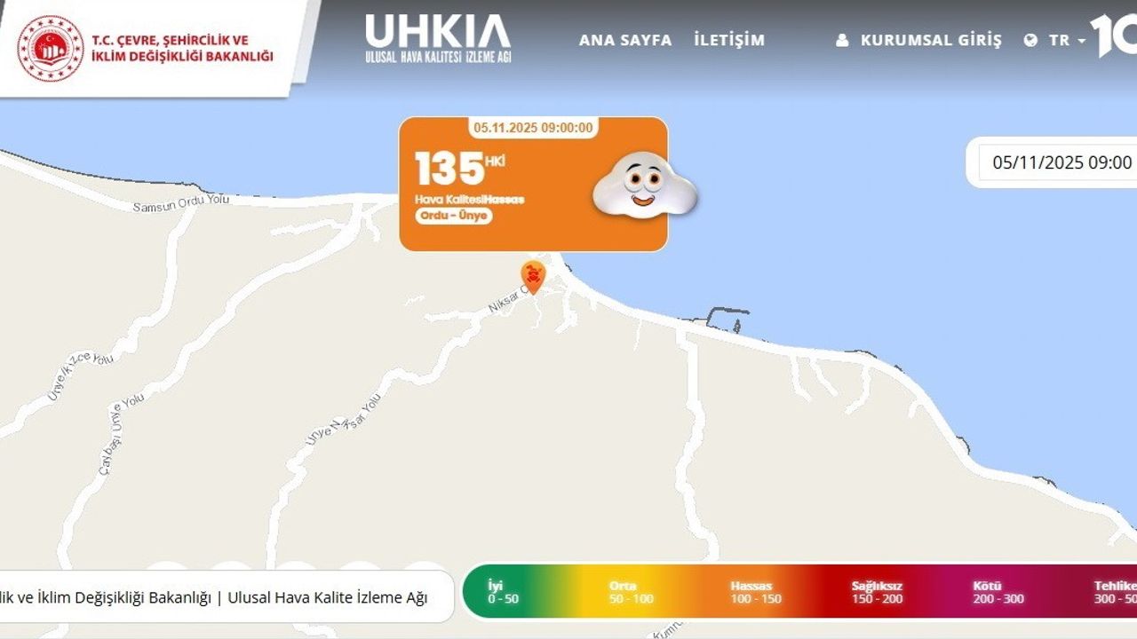 Karadeniz'de Hava Kalitesi En Düşük İlçe: Ünye (HKİ 135, 'hassas' seviyesi)