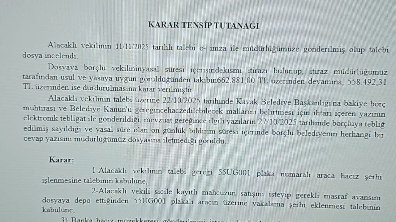 Kavak Belediyesi makam aracına haciz ve yakalama kararı çıkarıldı
