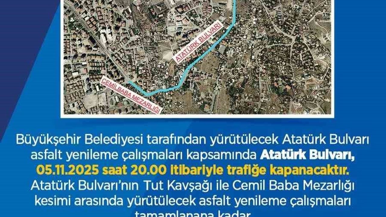 Kayseri Büyükşehir Belediyesi: Atatürk Bulvarı 05.11.2025'te kapanıyor — Sürücülere alternatif güzergah uyarısı