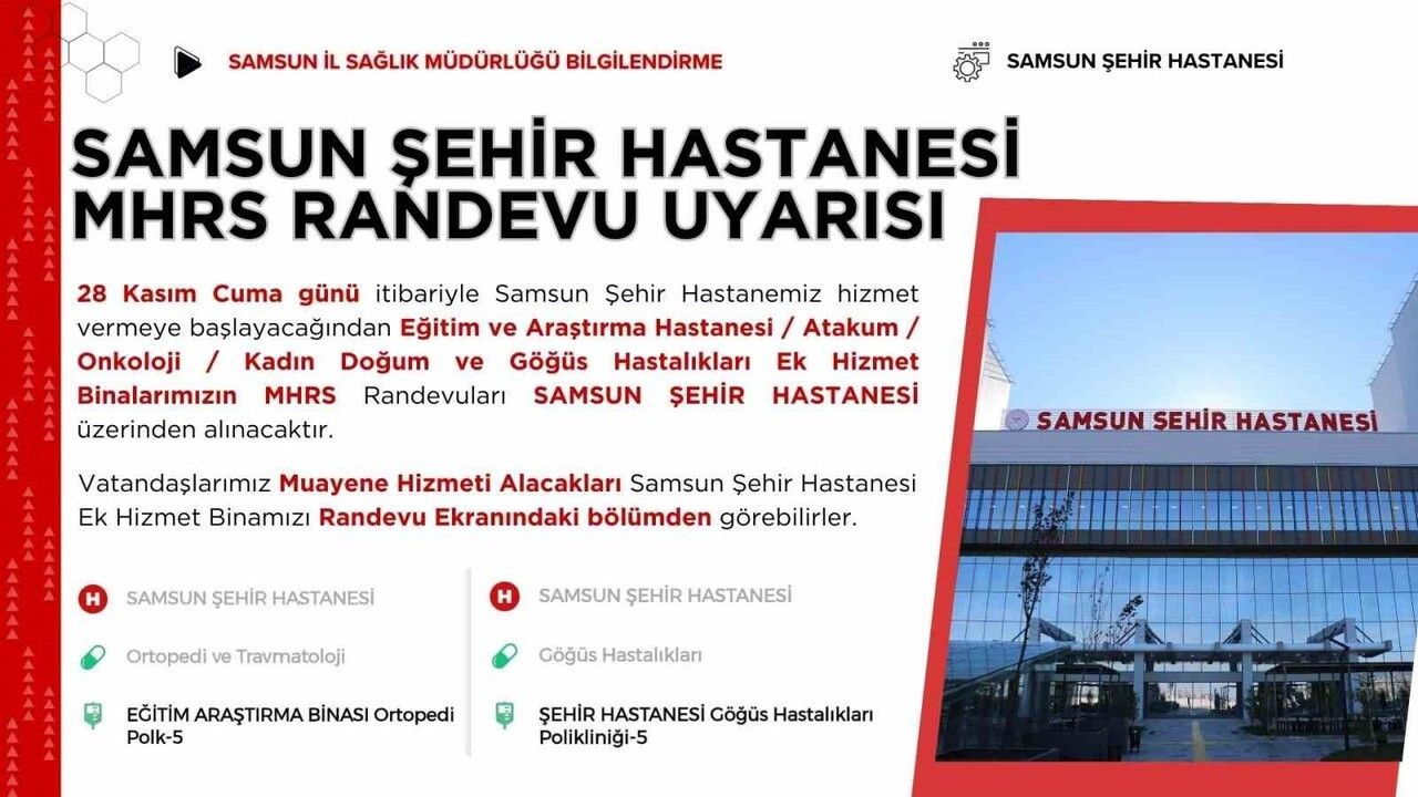 Samsun Şehir Hastanesi'nden MHRS randevu düzenlemesi: Göğüs Hastalıkları Kliniği 28 Kasım'da ana binada hizmete başlıyor