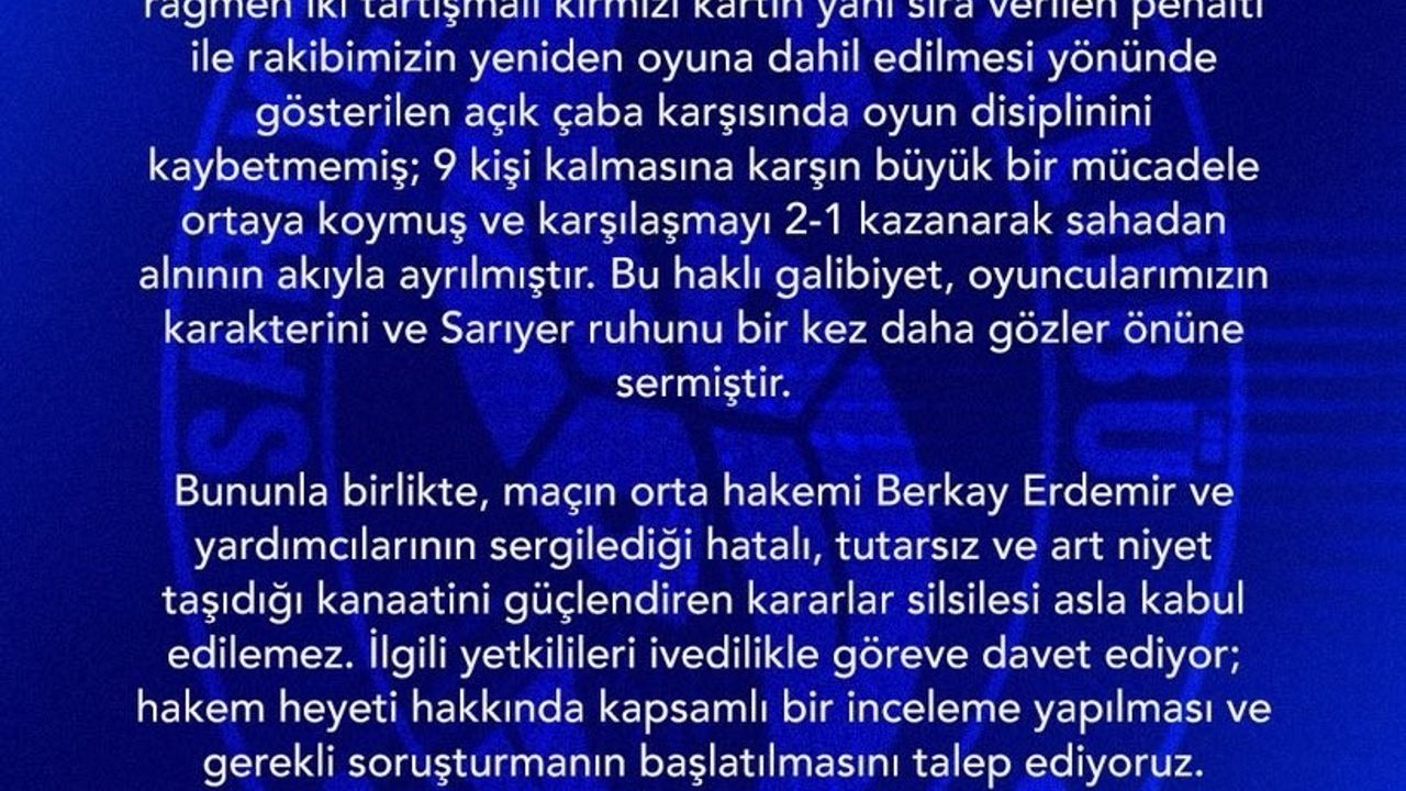 Sarıyer, Vanspor maçının hakem heyeti hakkında soruşturma talep etti