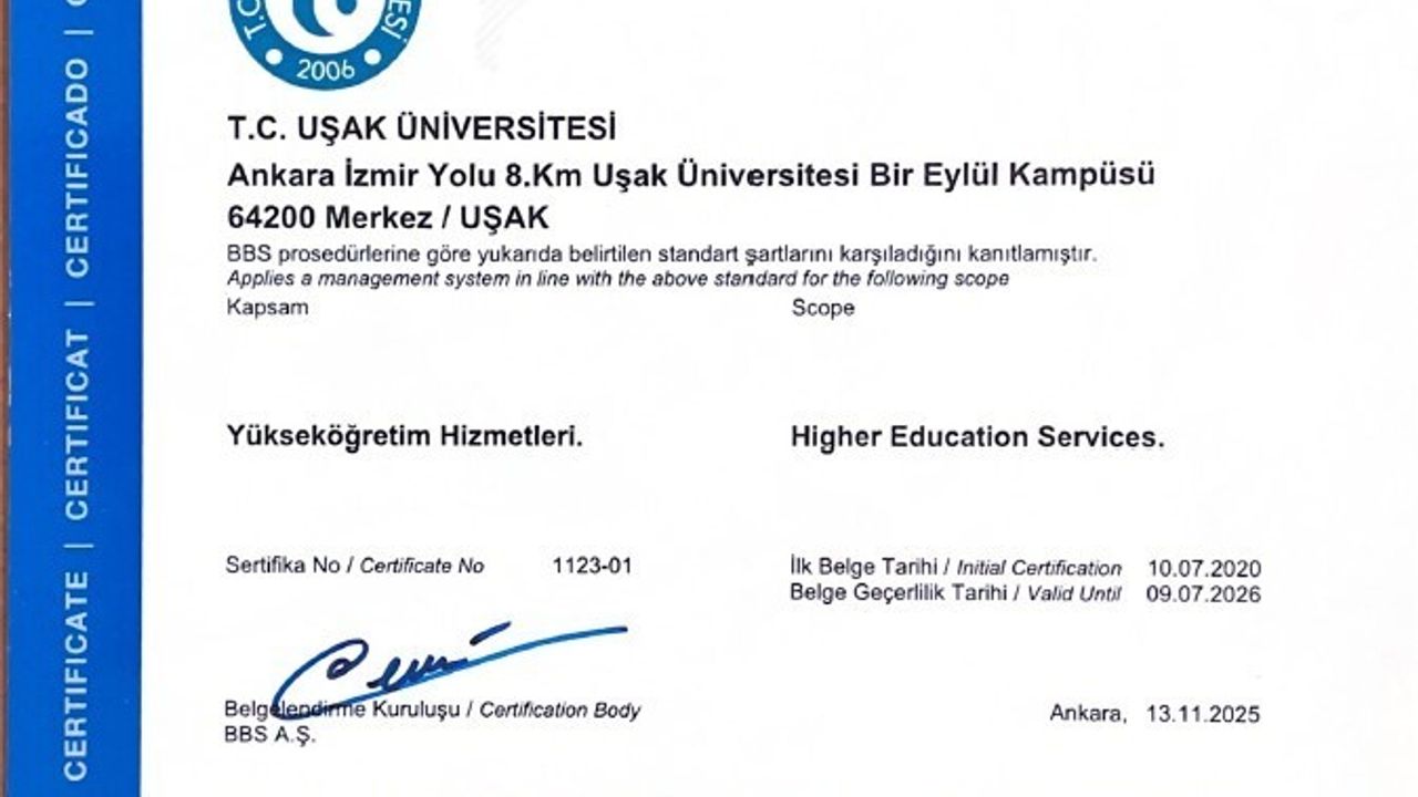 Uşak Üniversitesi TS EN ISO 9001:2015 Kalite Yönetim Sistemi Sertifikasını Yeniledi
