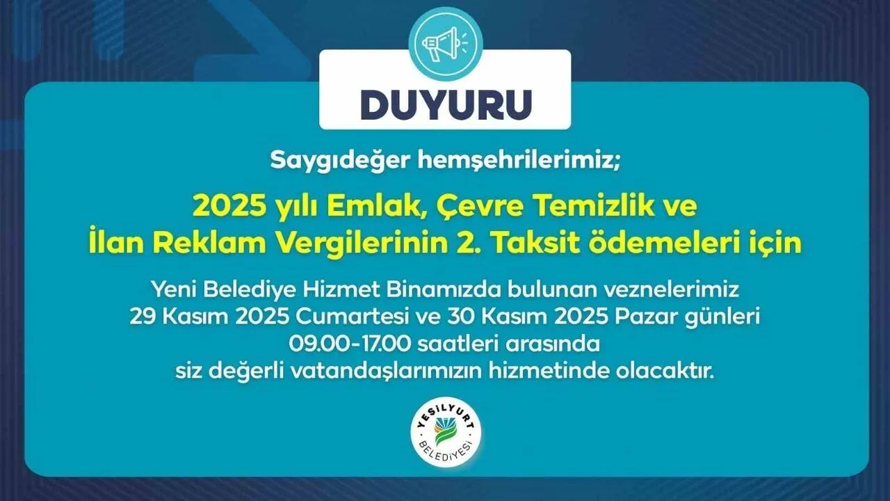 Yeşilyurt Belediyesi Vezneleri 29-30 Kasım'da Hafta Sonu Hizmetinde