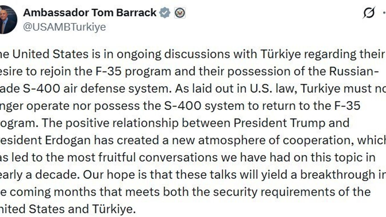 ABD Büyükelçisi Barrack: Türkiye'nin F-35 programına dönüşü S-400'lerin çıkarılmasına bağlı