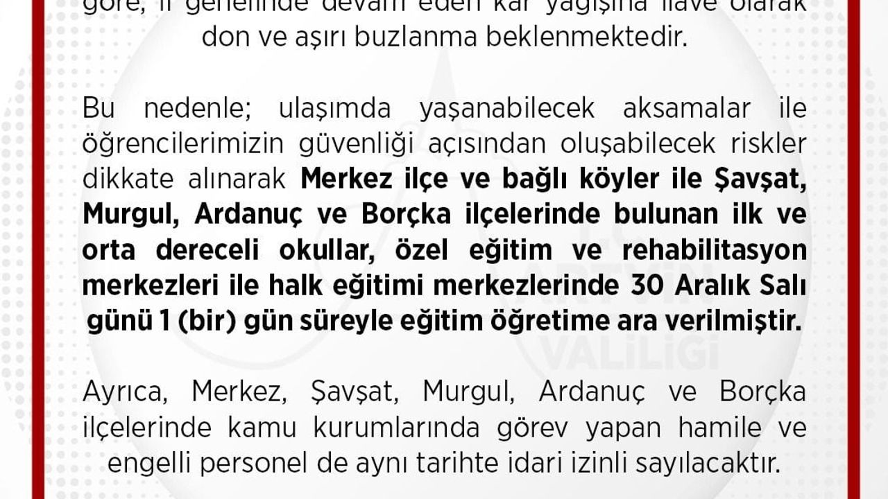 Artvin merkez ve 4 ilçede 30 Aralık'ta eğitime kar nedeniyle 1 gün ara