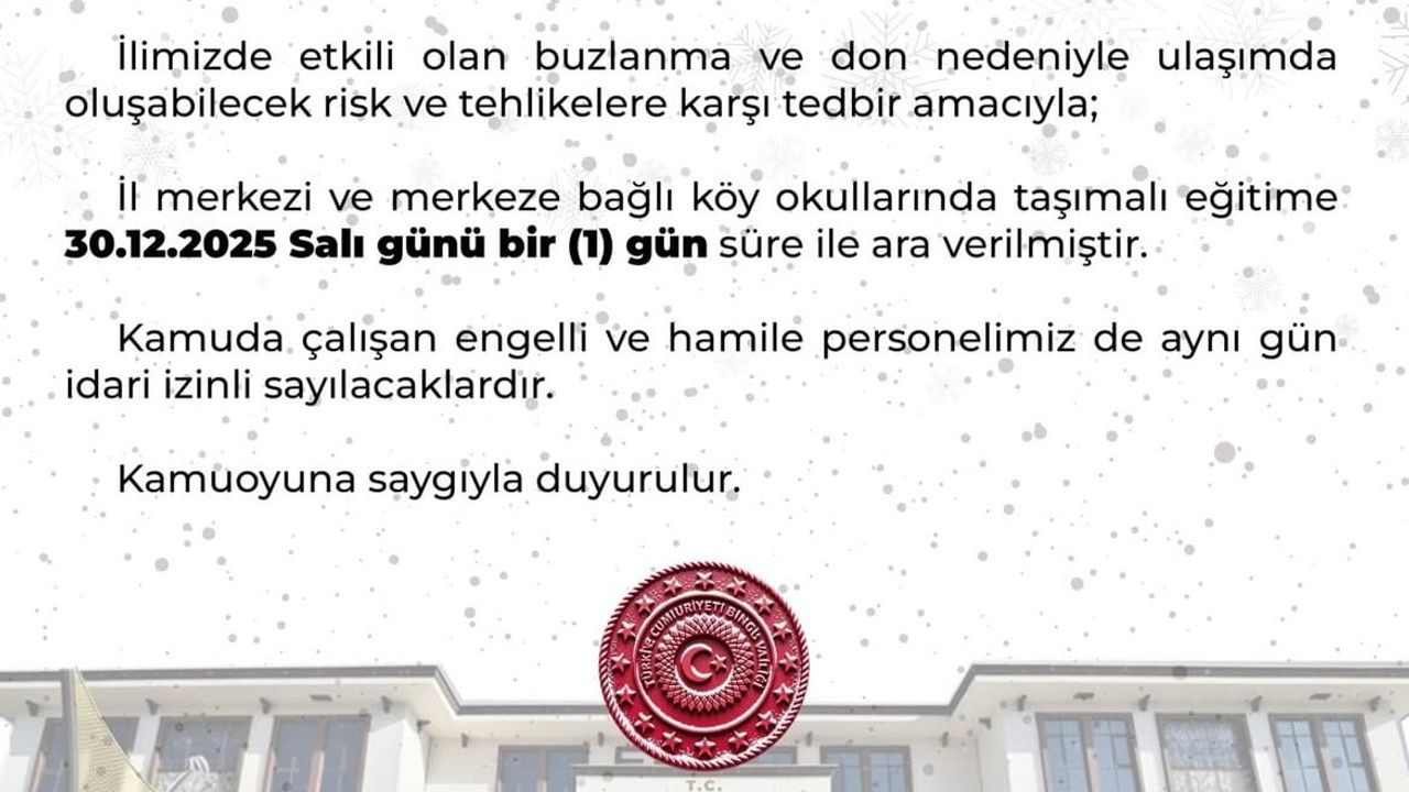 Bingöl'de 30.12.2025 Salı günü eğitime 1 gün ara: Merkezde taşımalı, Kiğı, Karlıova ve Adaklı'da tüm okullar