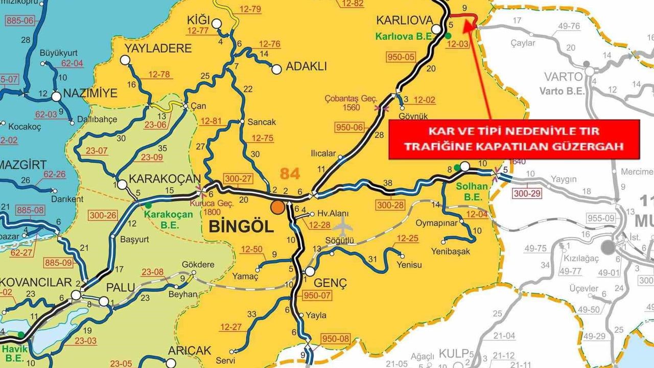 Bingöl’de Yoğun Kar ve Tipi Nedeniyle Bazı Yollar Tır ve Ağır Taşıt Trafiğine Kapatıldı