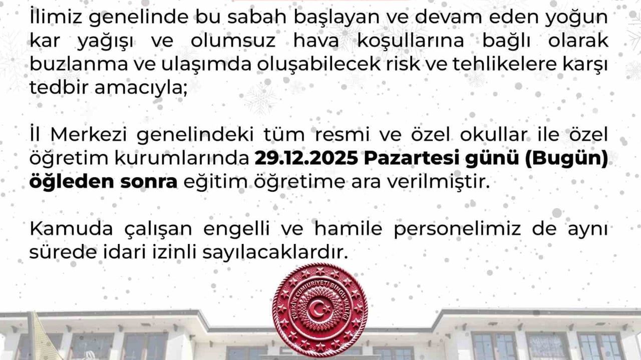 Bingöl'de yoğun kar yağışı nedeniyle eğitime 1 gün ara (29.12.2025)