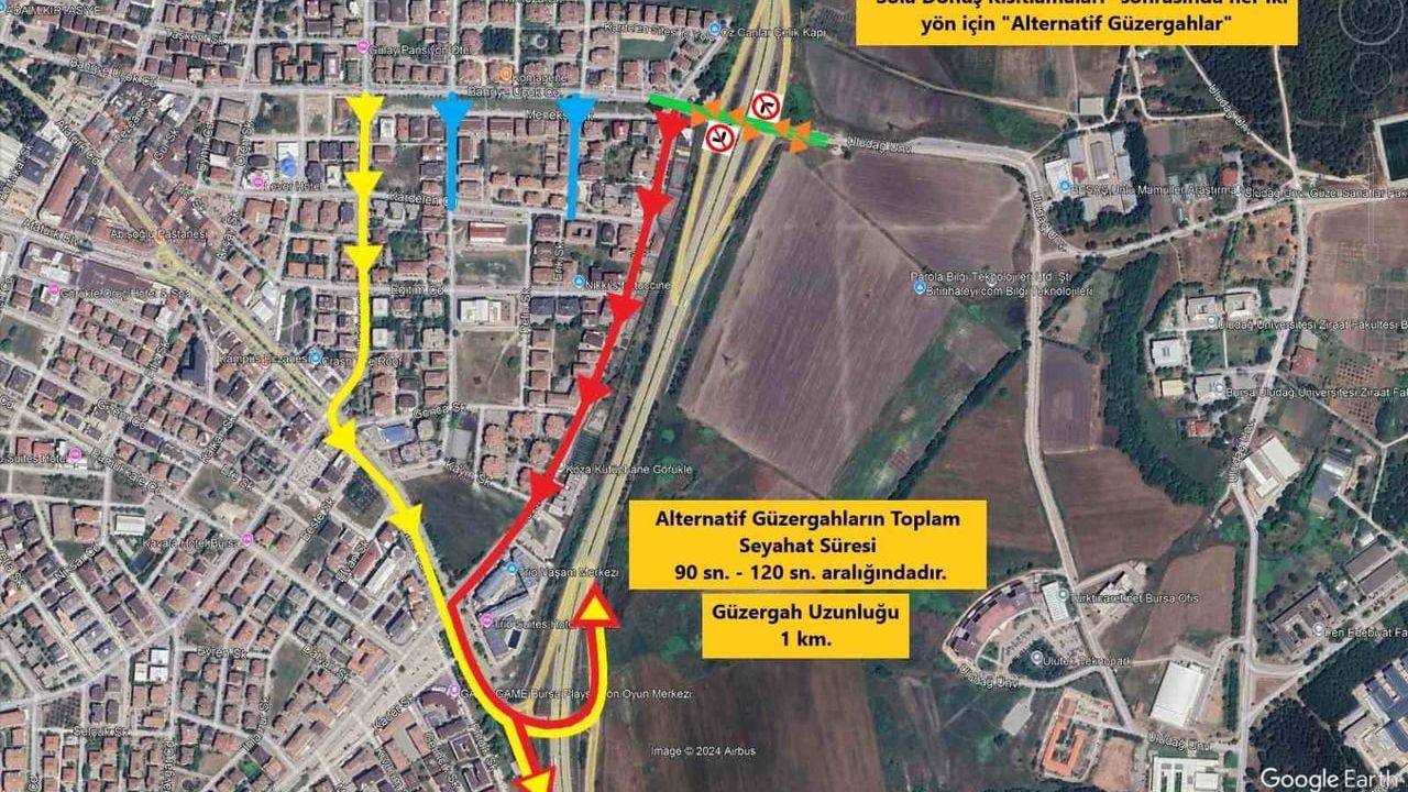 Bursa Görükle bağlantı kavşağında Doğu–Batı yönünde sola dönüş yasağı 30 Aralık 2025'te başlıyor