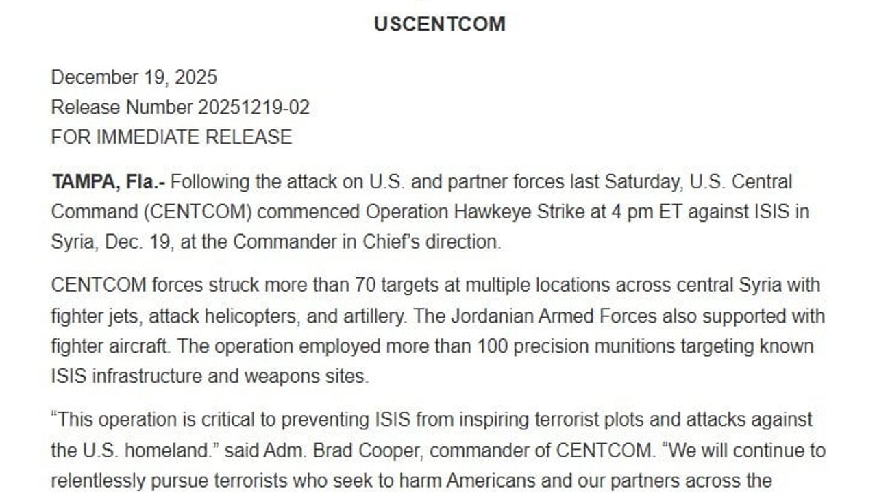 CENTCOM: Hawkeye Operasyonu kapsamında Suriye'de 70'ten fazla DEAŞ hedefi vuruldu