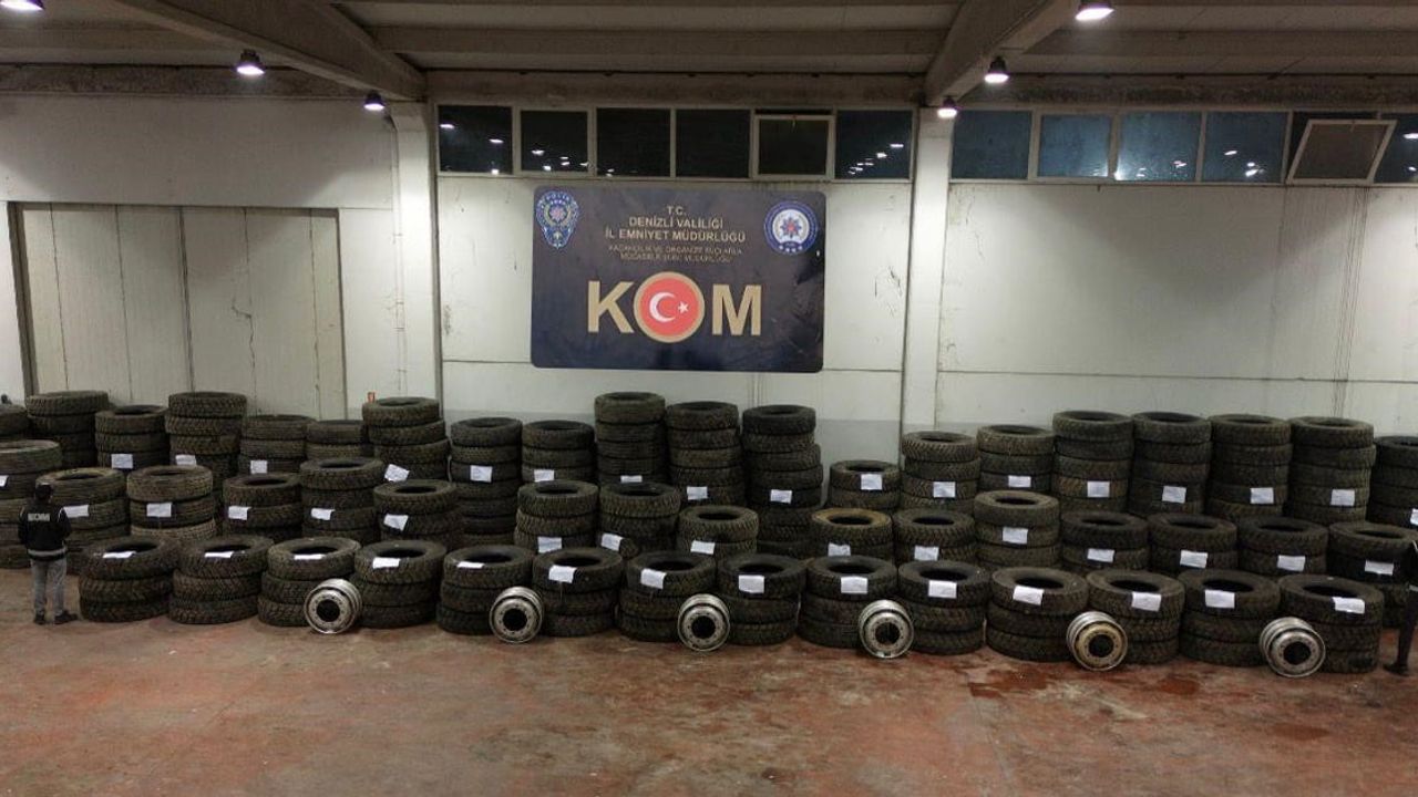 Denizli'de 3 milyon TL değerinde 263 kaçak tır lastiği ve 6 jant ele geçirildi