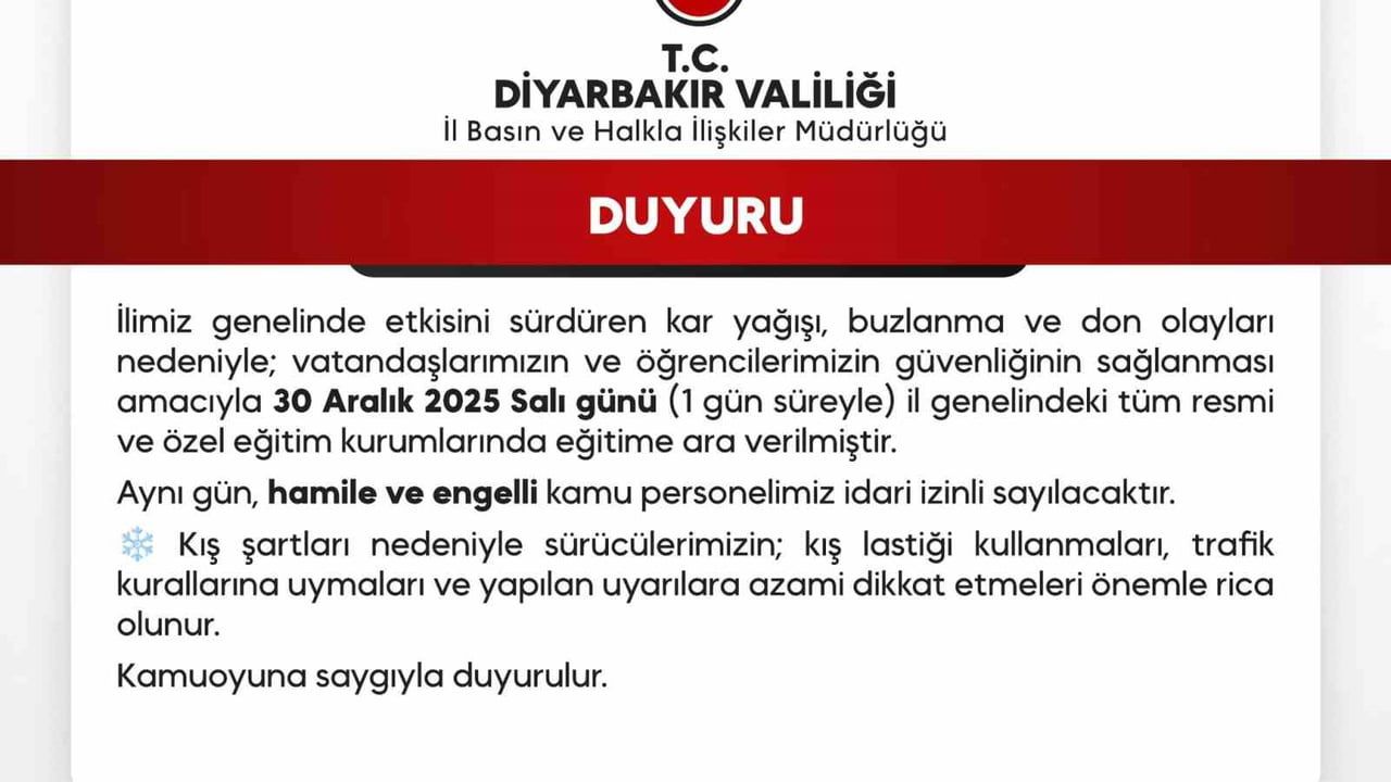 Diyarbakır'da 30 Aralık 2025 Salı Günü Eğitime Kar ve Buzlanma Nedeniyle Ara Verildi
