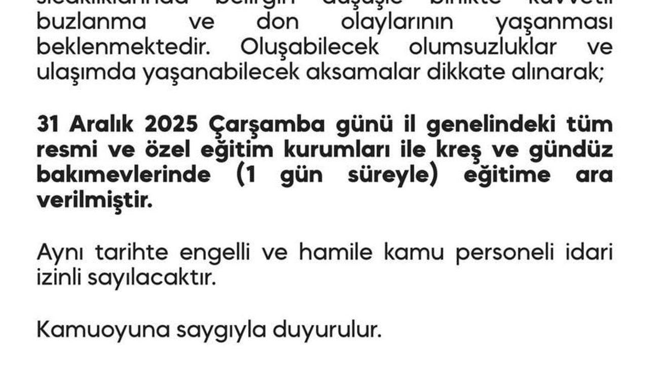 Diyarbakır'da 31 Aralık Çarşamba günü okullar tatil edildi