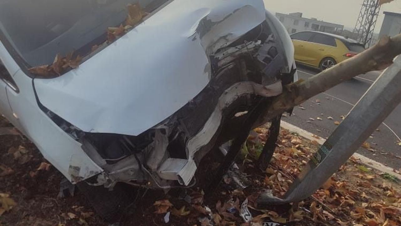 Diyarbakır'da şerit değiştirene çarpmamak için manevra yapan araç refüjdeki ağaç ve aydınlatma direğine çarptı