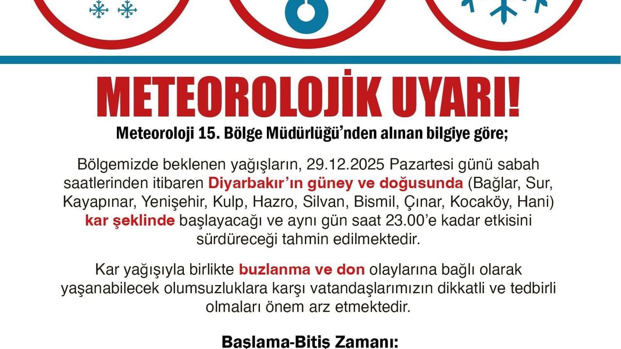 Diyarbakır Valiliği'nden kar uyarısı: Meteoroloji 15’inci Bölge'den açıklama
