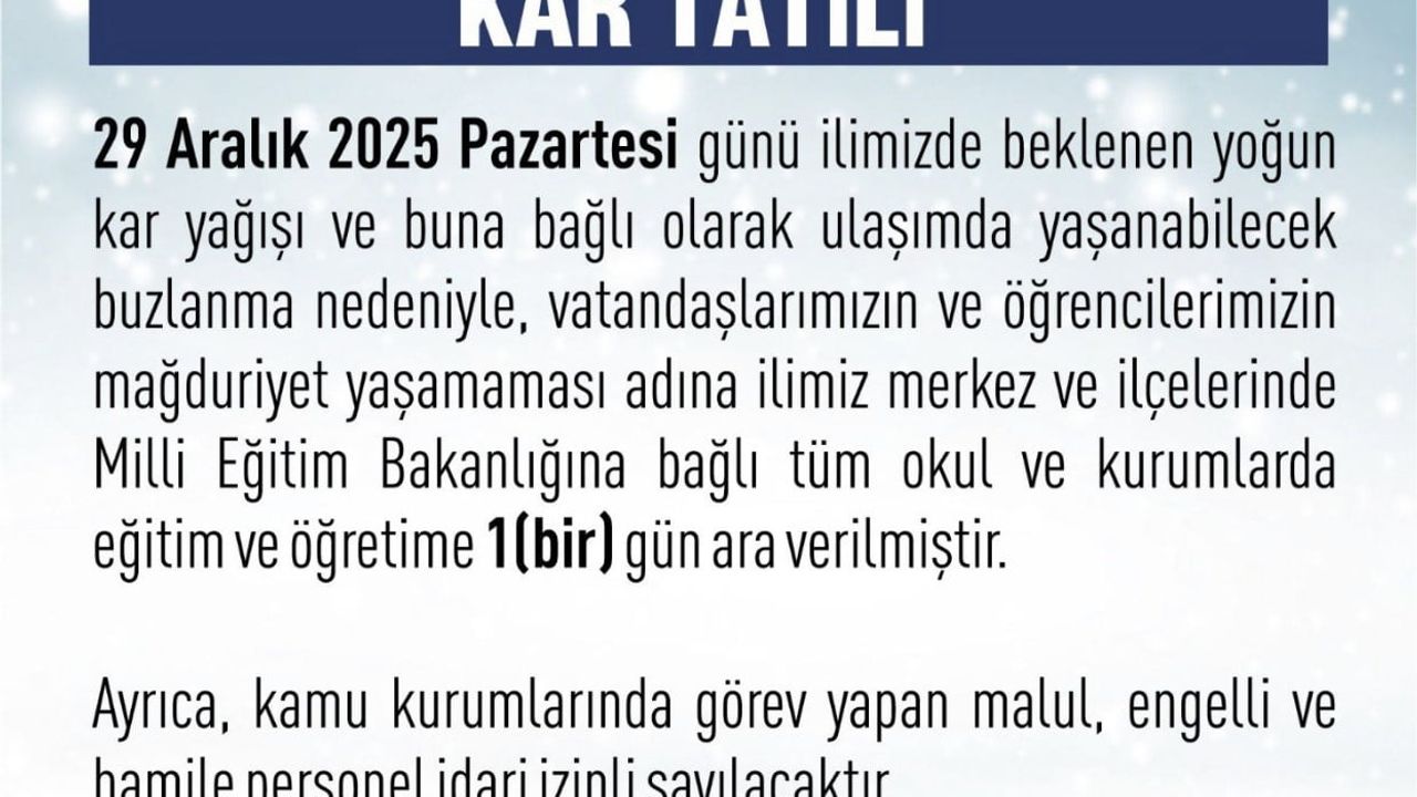 Elazığ'da 29 Aralık 2025 Pazartesi günü eğitime 1 gün ara