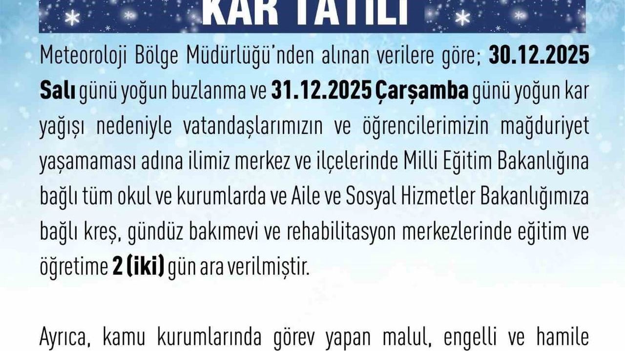 Elazığ'da kar ve buzlanma nedeniyle eğitime 2 gün ara verildi