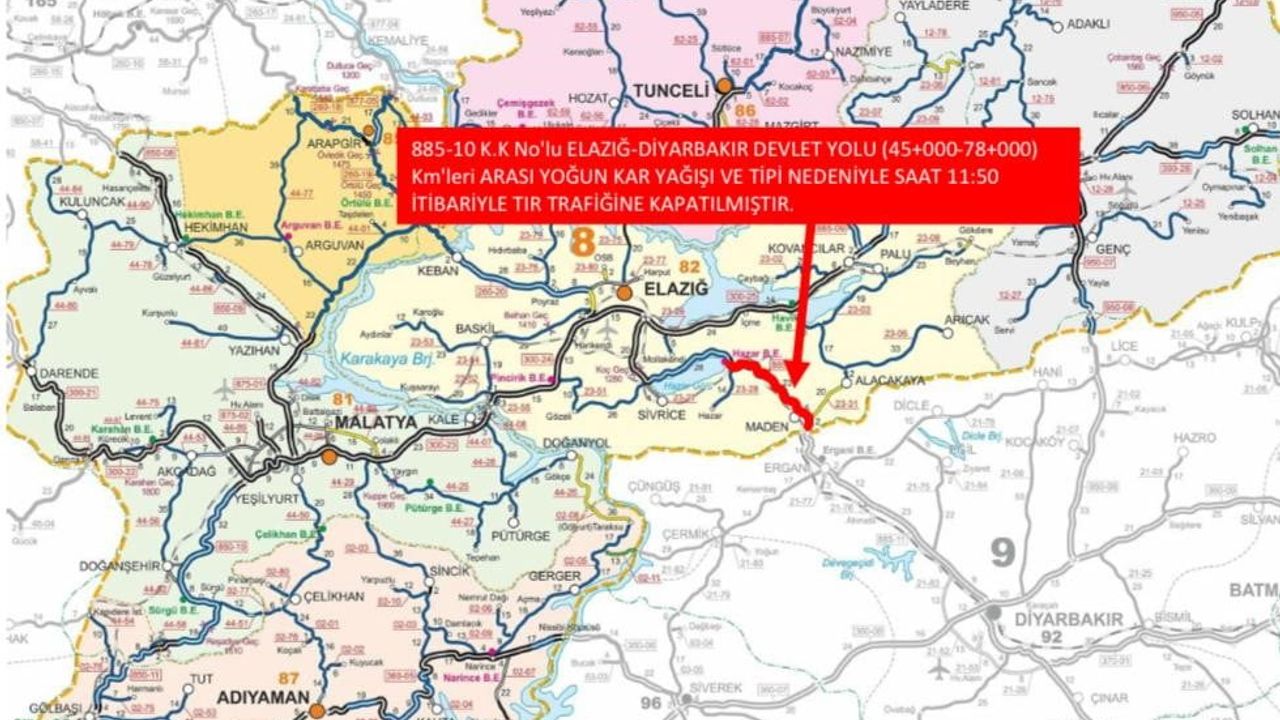 Elazığ–Diyarbakır Karayolu 45–78. Kilometreleri Arası Ağır Taşıtlara Kapalı