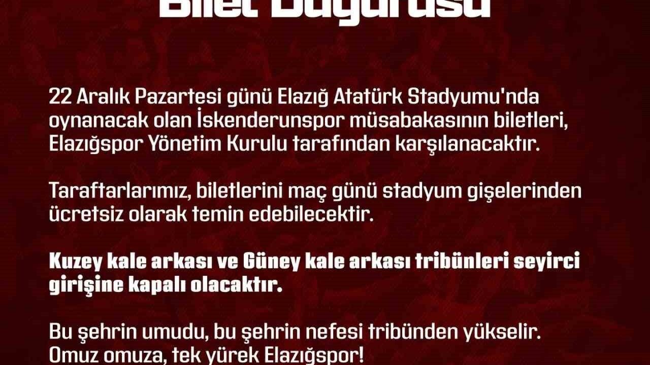 Elazığspor Yönetimi İskenderunspor Maçı Biletlerini Ücretsiz Dağıtma Kararı Aldı