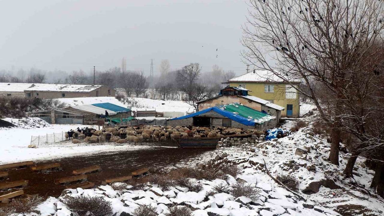 Erzincan’da kar sonrası toprak damlı evlerde baca küreme çalışması