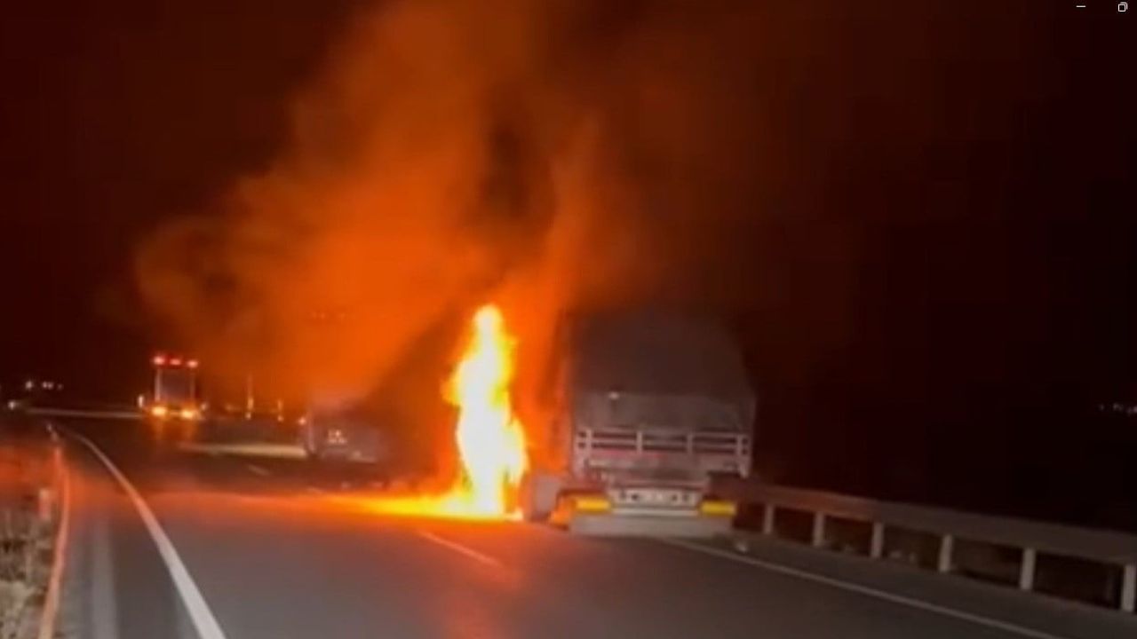 Erzincan'ın Üzümlü ilçesinde seyir halindeki TIR alev aldı