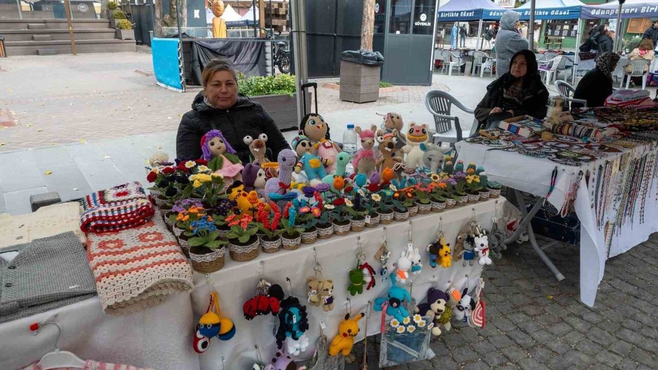 Eskişehir'de el işi ustası Şükran Karol'un rengarenk örgü çiçekleri ilgi çekiyor