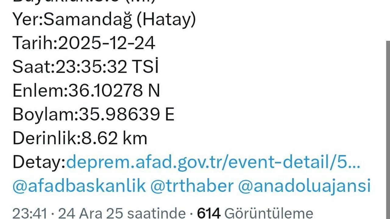 Hatay'ın Samandağ ilçesinde 3,6 büyüklüğünde deprem