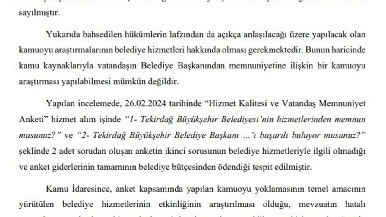 Sayıştay: Tekirdağ Büyükşehir Belediyesi bütçesiyle yapılan anketin siyasi amaçla kullanıldığı tespit edildi