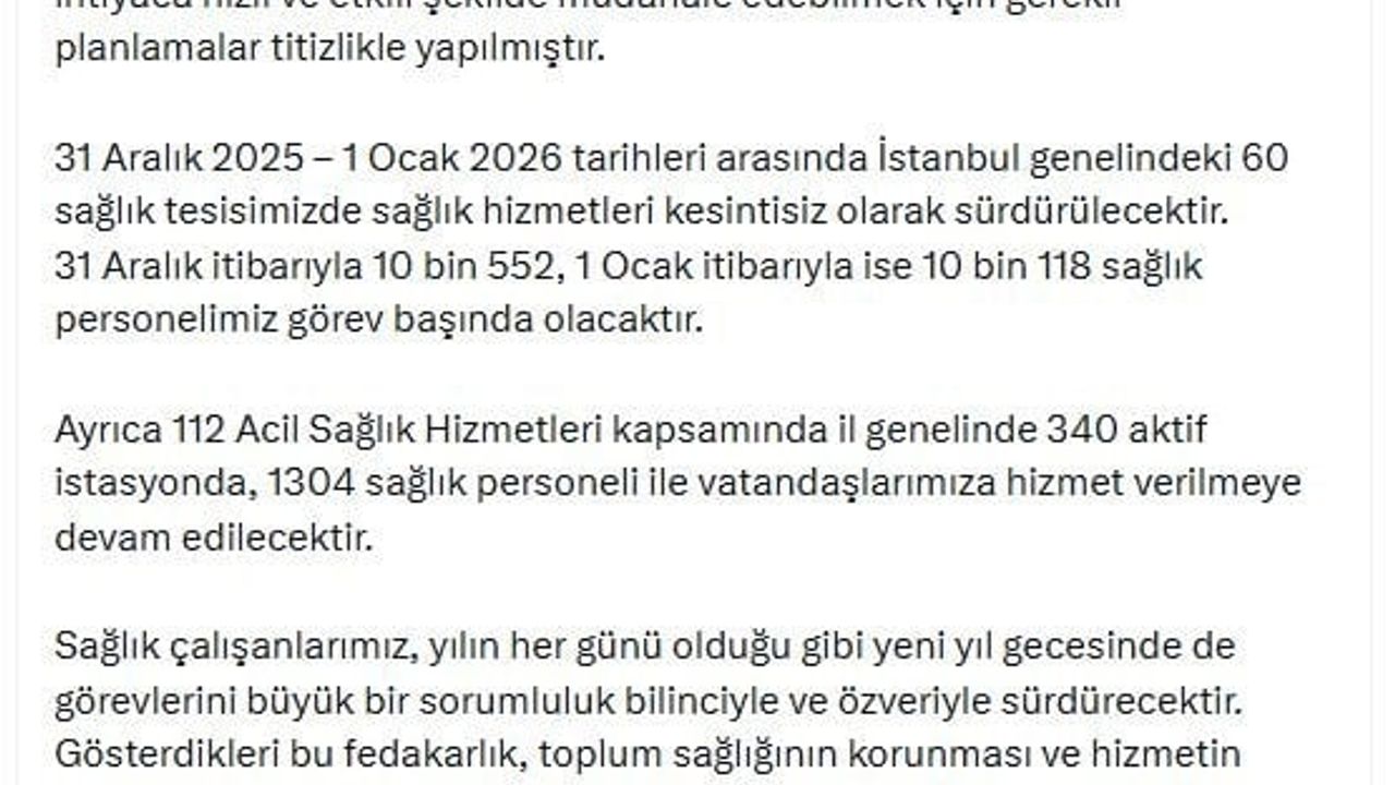 İstanbul’da yılbaşı hazırlığı: 31 Aralık’ta 10 bin 552 sağlık çalışanı görevde olacak