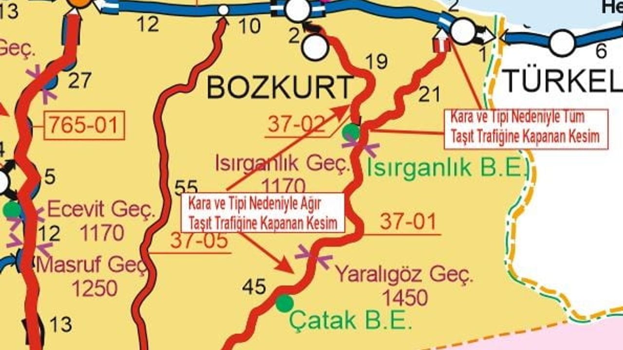 Kastamonu’da Devrekani-Çatalzeytin yolunun Isırganlık-Çatalzeytin kesimi trafiğe kapatıldı