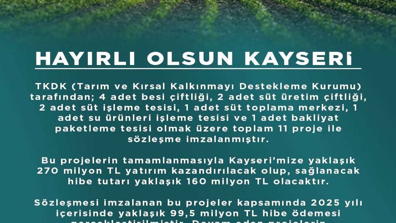 Kayseri'ye 270 milyon TL'lik 11 TKDK projesi için sözleşmeler imzalandı