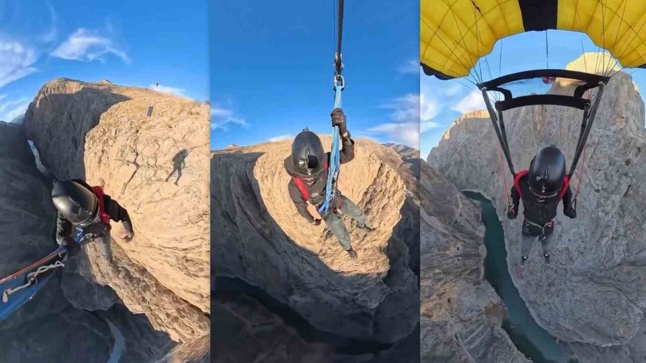 Kemaliye'de Karanlık Kanyon'da Wingsuit ile Base Jump Gösterisi