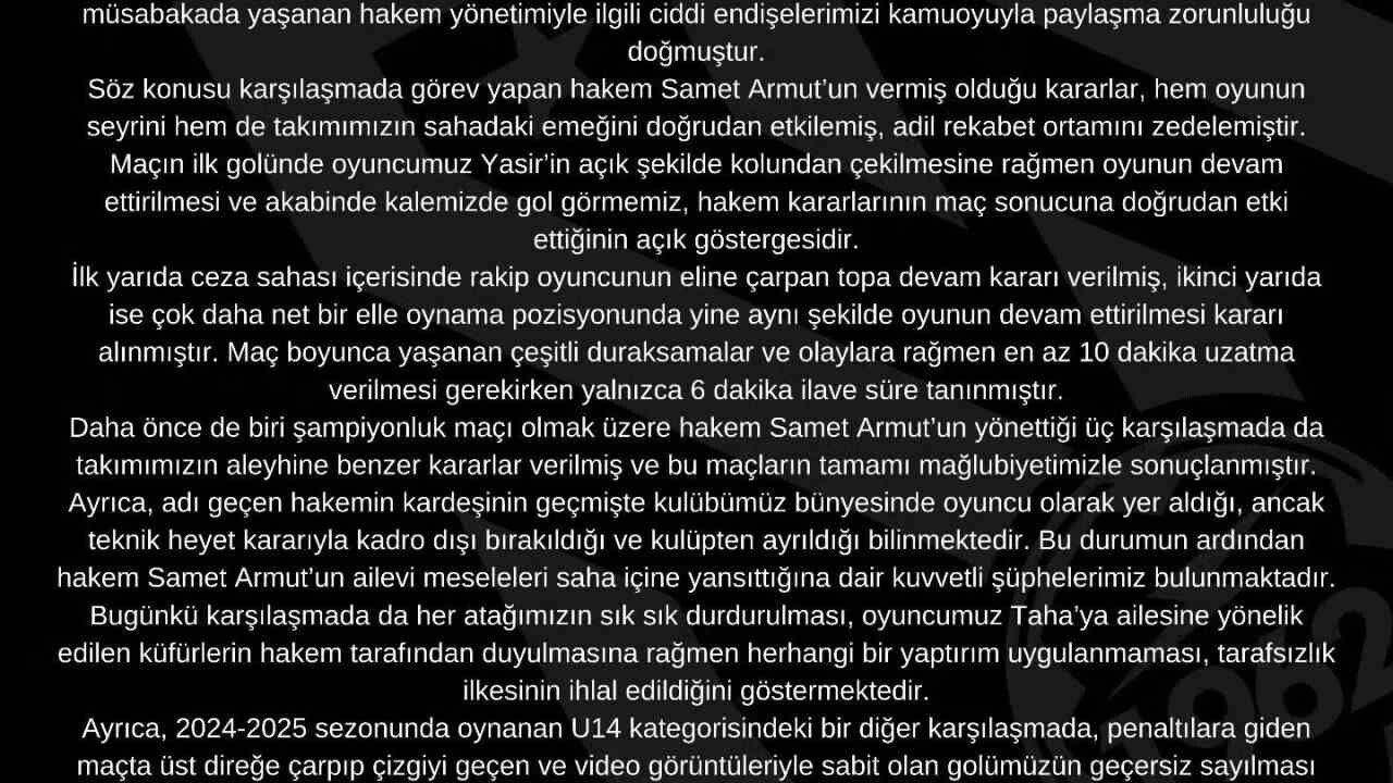 Kocasinan Şimşekspor, Hakem Samet Armut’un Kulüp Maçlarında Görevlendirilmemesini Talep Etti