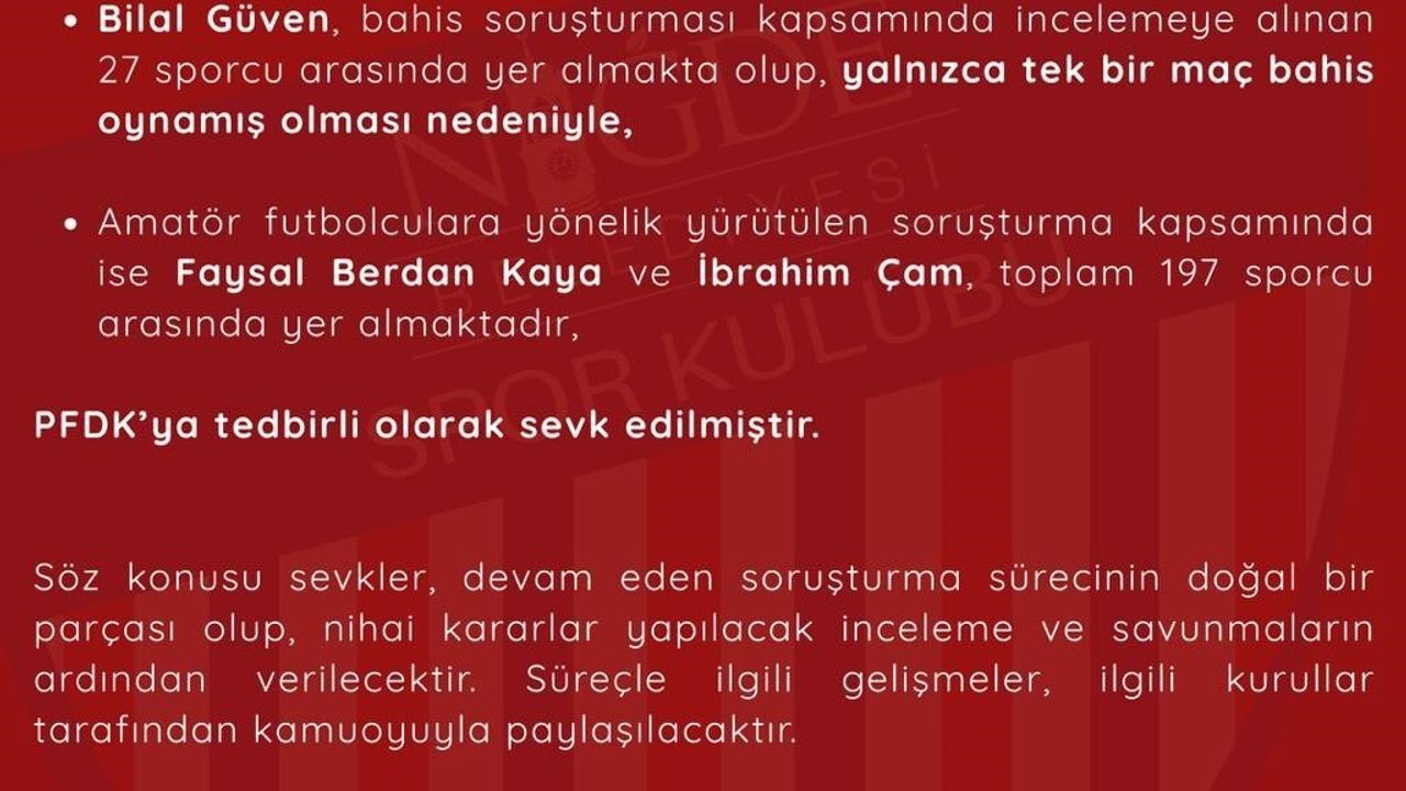 Niğde Belediyespor’dan bahis soruşturmasına ilişkin resmi açıklama