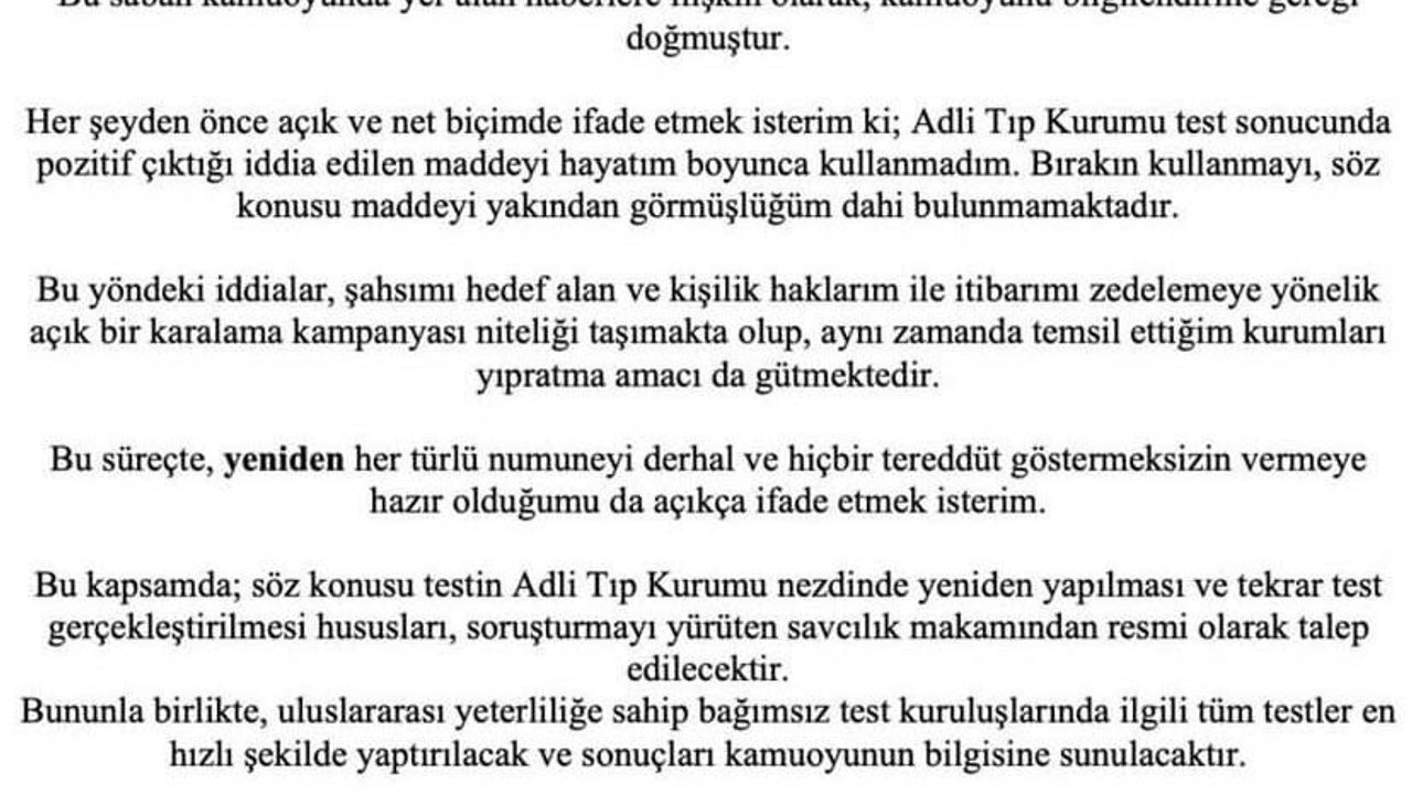 Sadettin Saran: Adli Tıp testinde saç örneğinde kokain pozitif çıktı, yeniden test talep edilecek