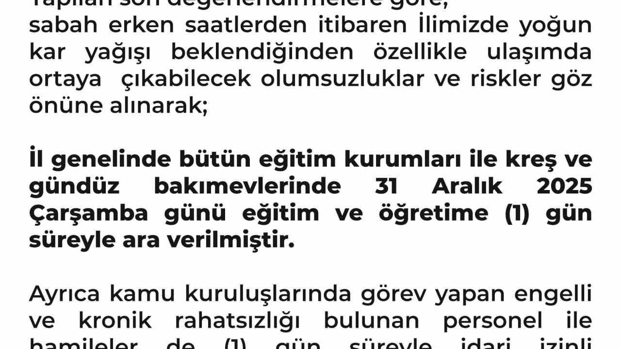 Şanlıurfa'da 31 Aralık 2025 Çarşamba günü eğitime 1 gün ara
