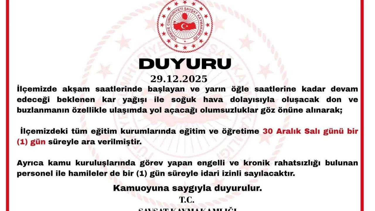 Şavşat’ta 30 Aralık Salı Günü Eğitime Kar, Don ve Buzlanma Nedeniyle Ara Verildi