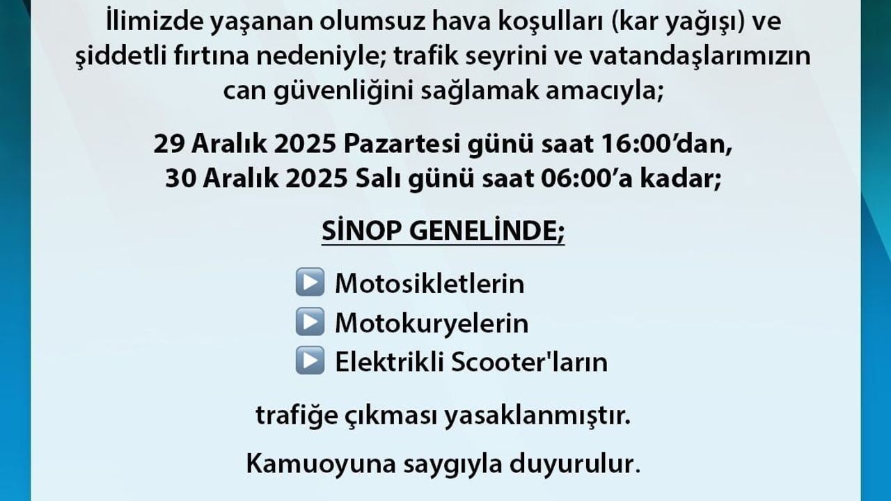 Sinop'ta fırtına nedeniyle motosiklet, motokurye ve elektrikli scooterlara trafik yasağı