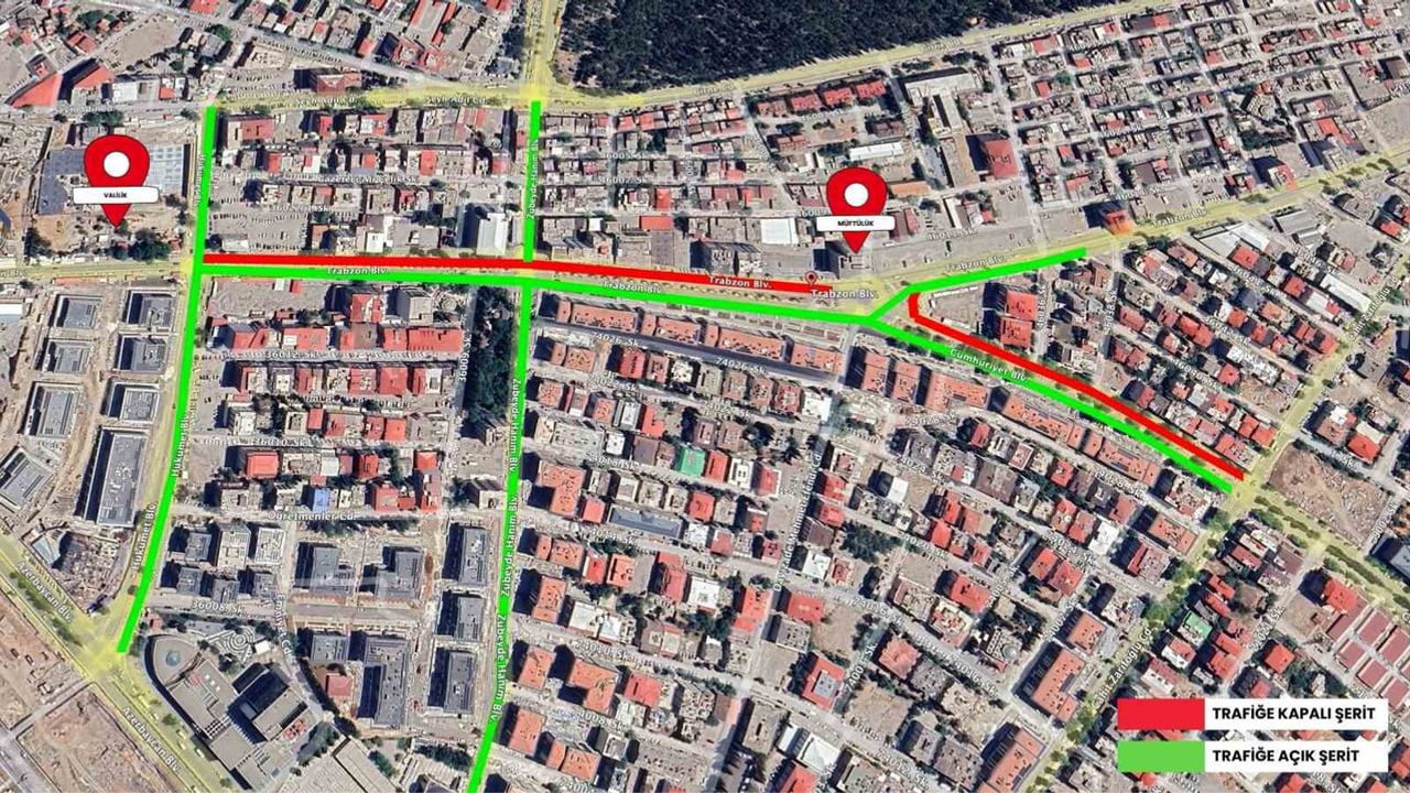 Trabzon Bulvarı’nda Müftülük-Valilik arası gidiş şeridi 7 Ocak’a kadar trafiğe kapalı